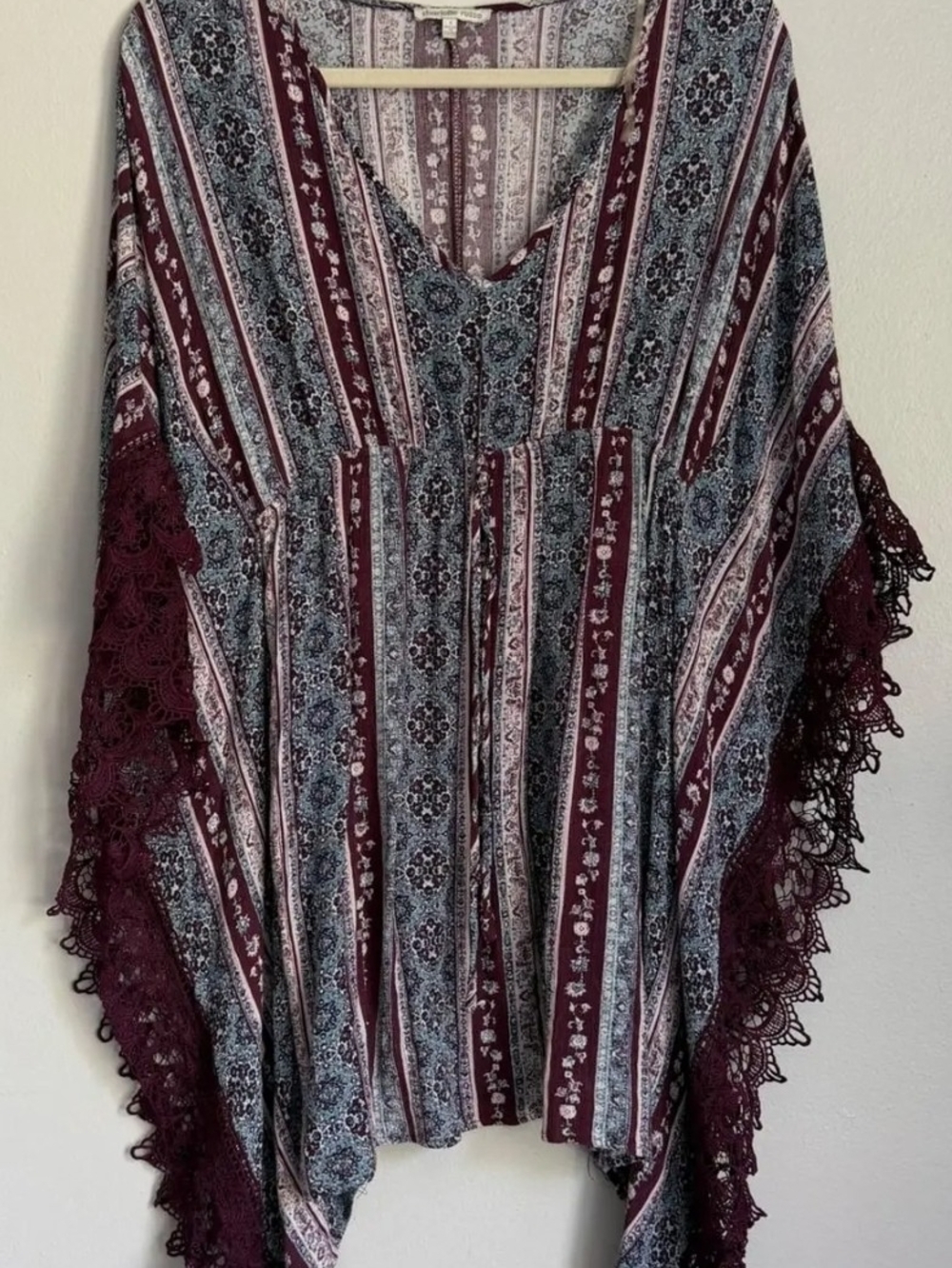 Charlotte Russe Burgundy and Blue Boho Crochet-Trim Tunic